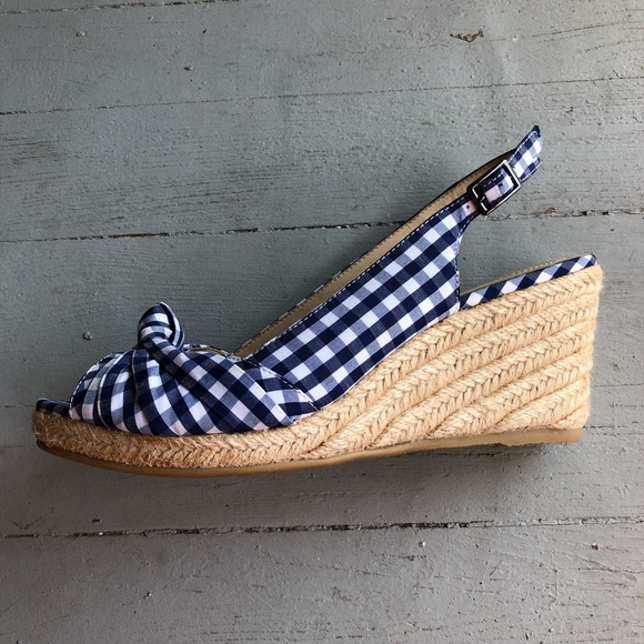 Blue Gingham Checkered Wedge Espadrilles - Picture 8 of 11